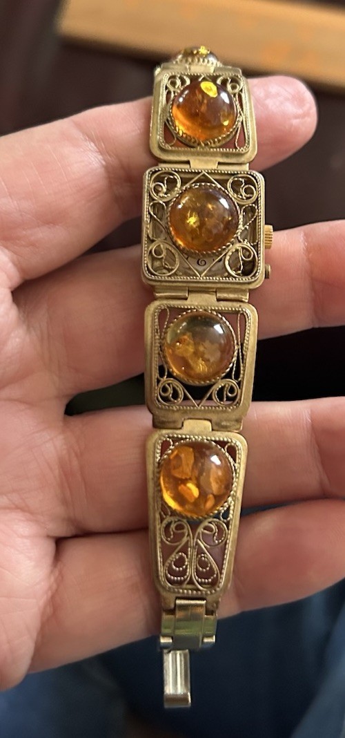 Vintage MCM Chika Baltic Amber Gold Plated 1950s USSR Hidden WATCH Bracelet
