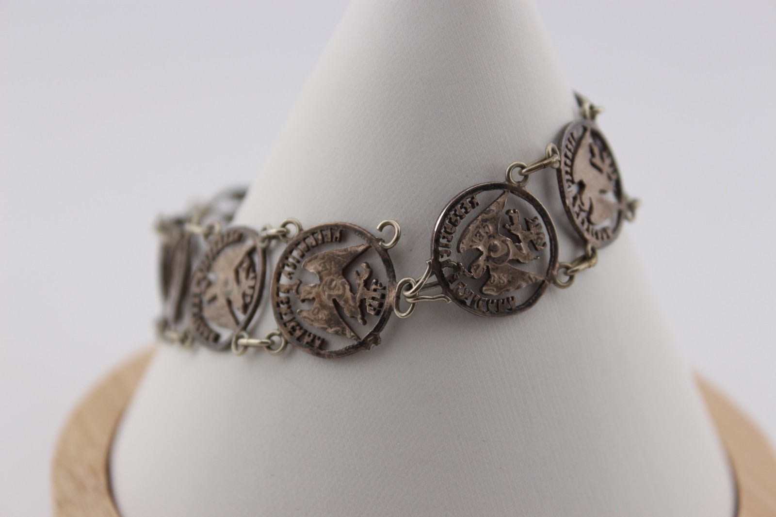 Antique 1880s silver Mexican Republic cut out coin panel bracelet 7.25″