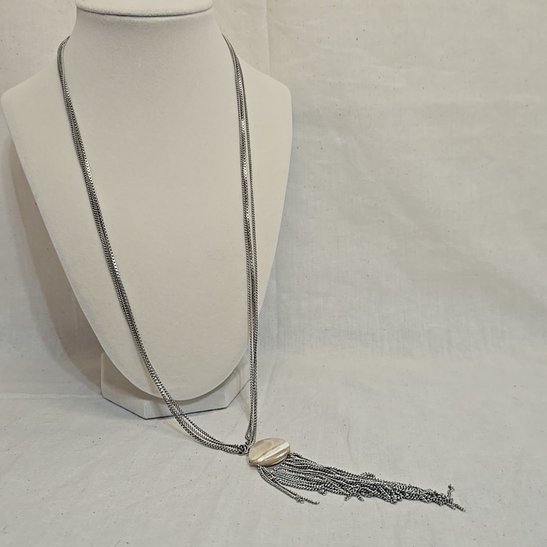 Vintage Charming Charlie Shell & Silver Tone Layered Chain Fringe Necklace MOP