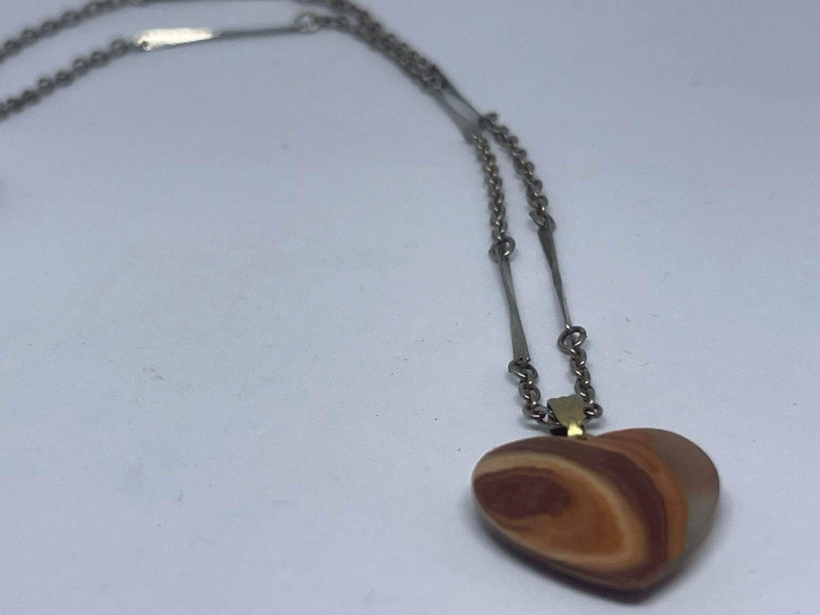 Vintage 1970’s Agate Geode Heart Pendant Bar Link Chain 18” Necklace