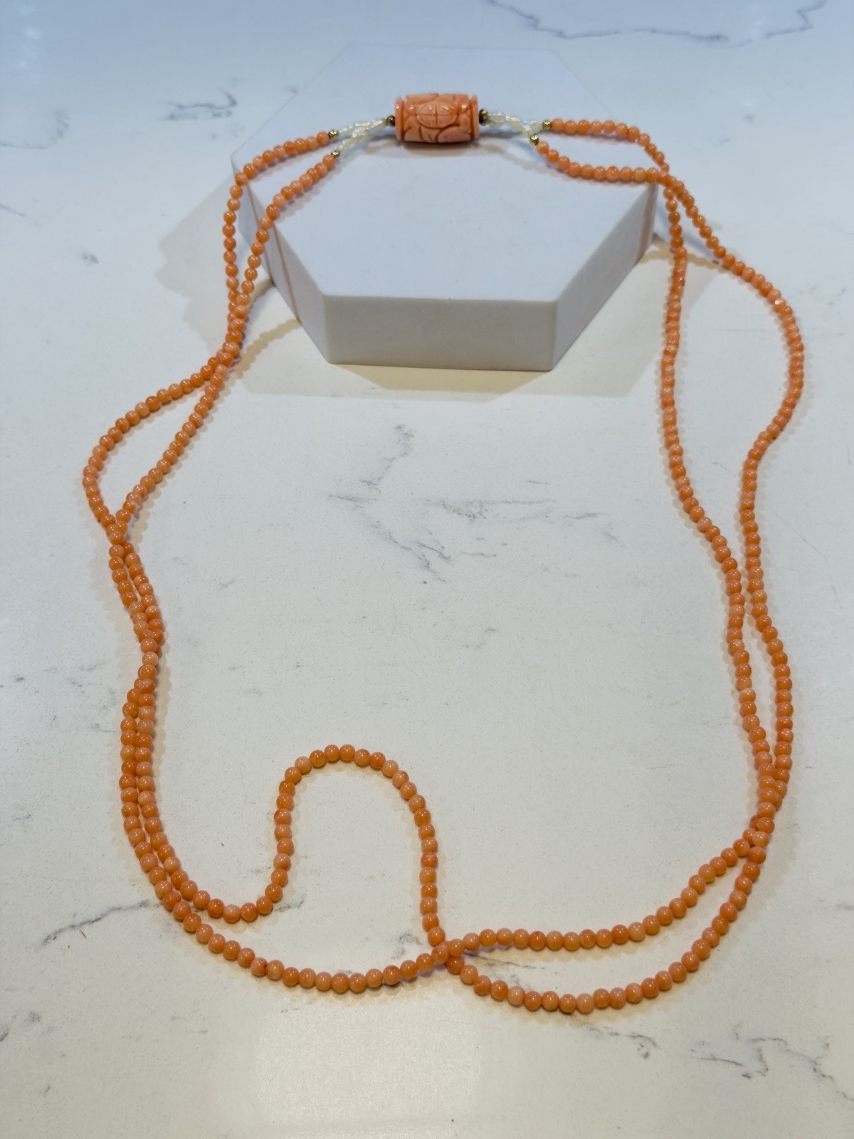 Antique Genuine Salmon Coral & Pearl Beaded Double Strand Necklace 32″ 14k Beads