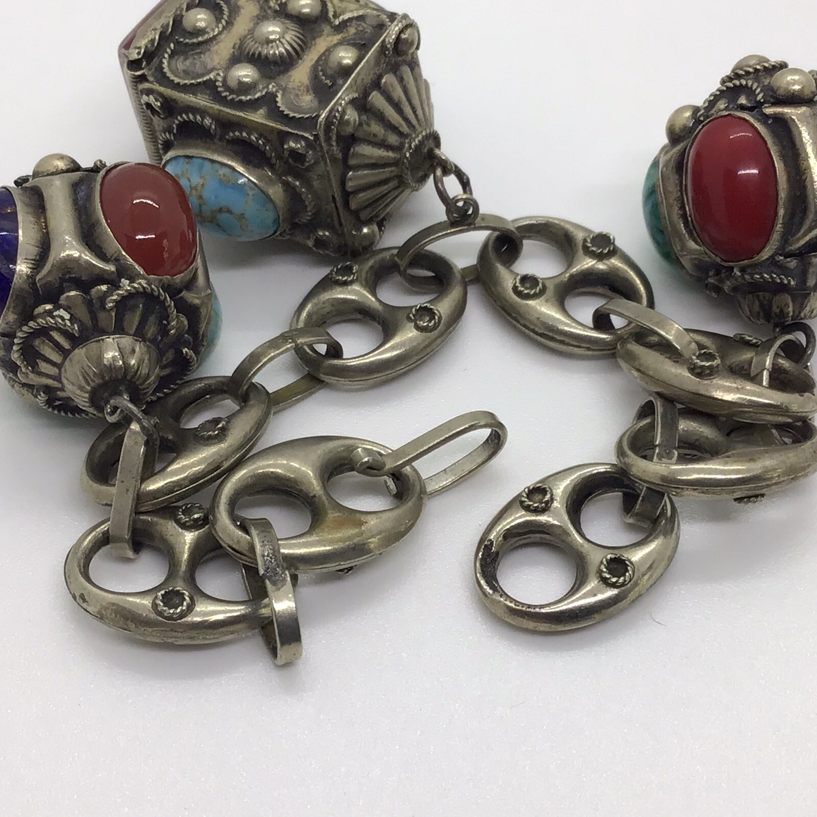 MCM VTG Etruscan Mediterranean Silver 800? Charm Bracelet 54g 8.5″ Turquoise