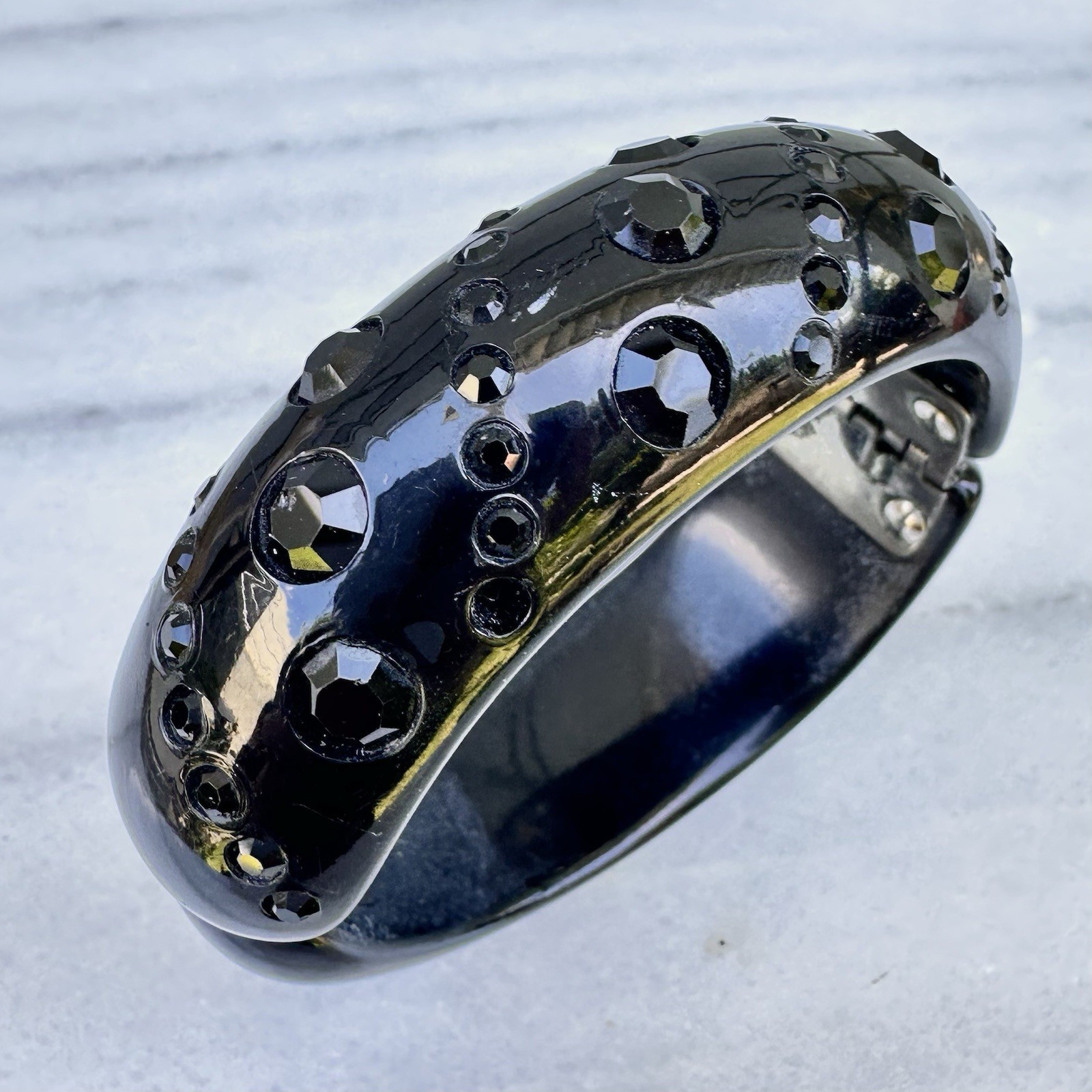 Vintage Black Lucite Bracelet Rhinestone Hinged Clamper Midcentury 1950s 60s