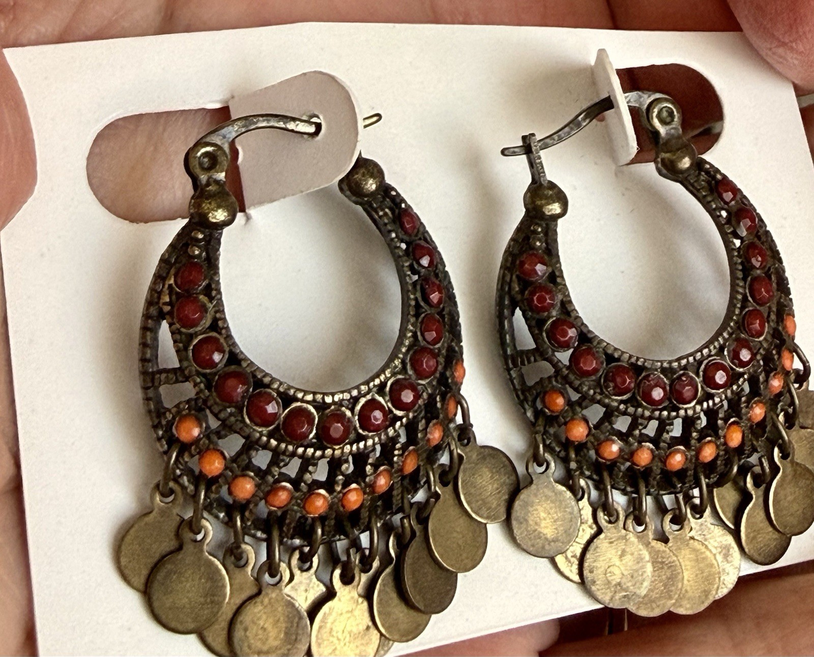 Vintage Gypsy Boho Bronze Hoop Dangle Hanging Pierced Earrings Red Orange Stones