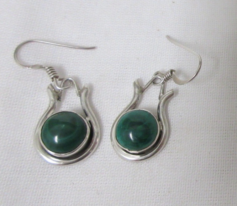 Vintage Sterling Silver Malachite Dangle Pierced Earrings