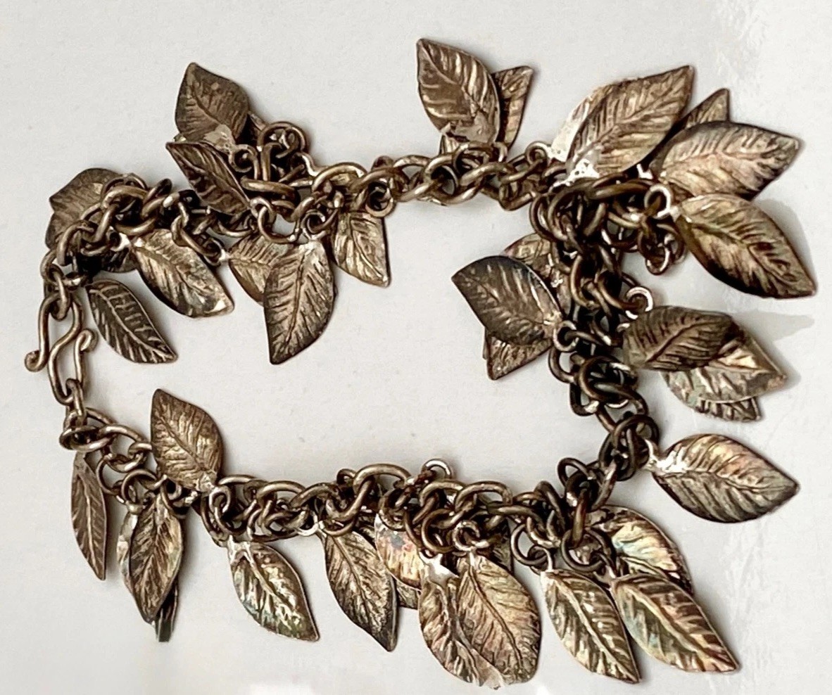 Vintage Sterling Silver Artisan Dangling Leaves Charm Bracelet Leaf Hook Closure