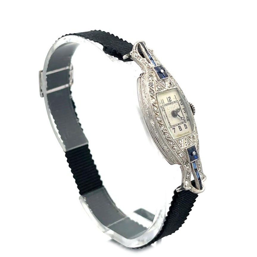 Art Deco Diamond Platinum Hand Wind Elongated Ladies Watch