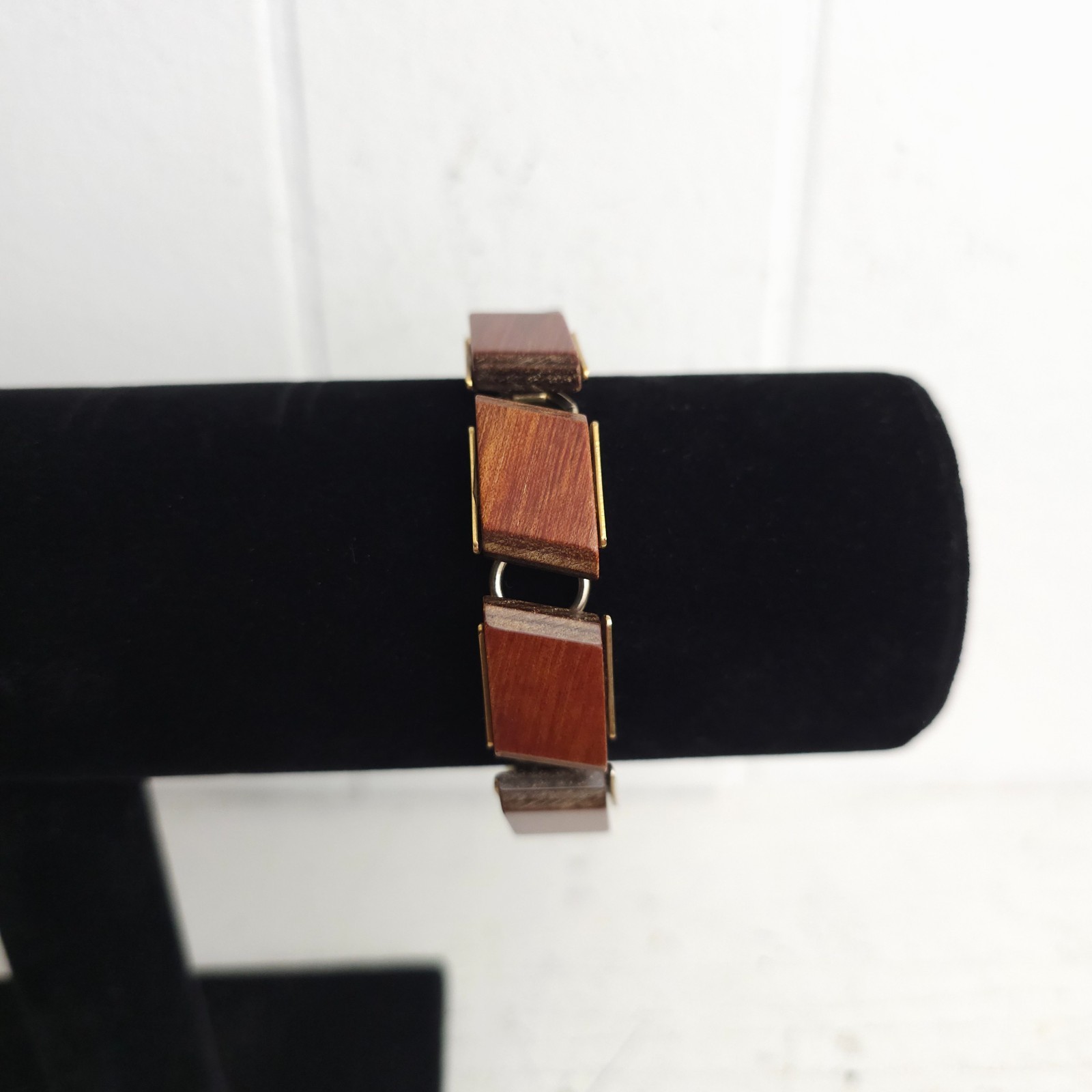 Vtg Modernist MCM Wood Tile Link Bracelet Boho 1960s 70s Earthy Natural Minimal