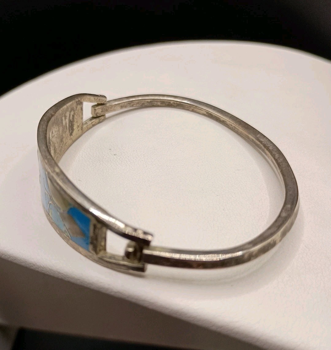 Alpaca Mexico Silver Cuff Bracelet Turquoise Abalone Inlay Butterfly Size 6.75″