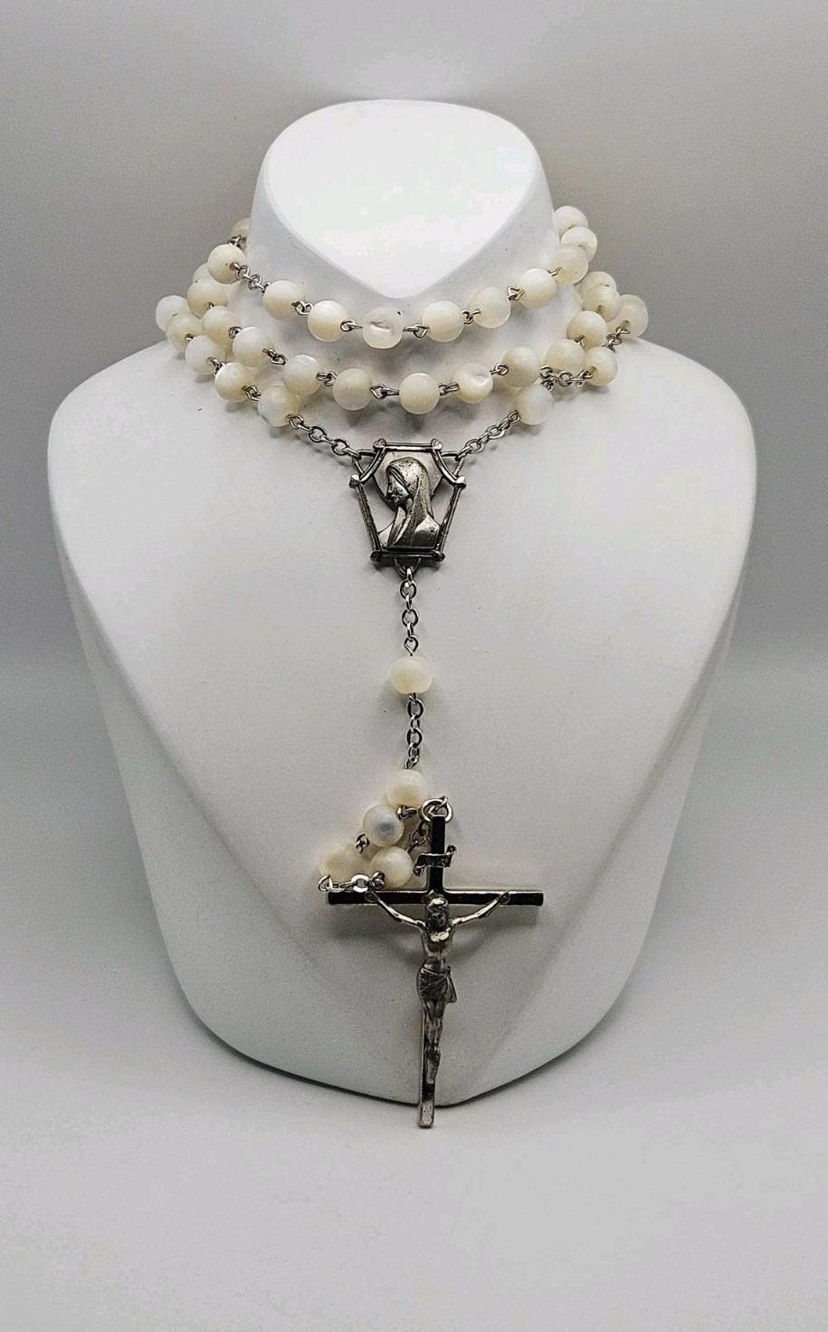 Gale Sterling Silver Mother Of Pearl Beaded Rosary Lariat Necklace 27″