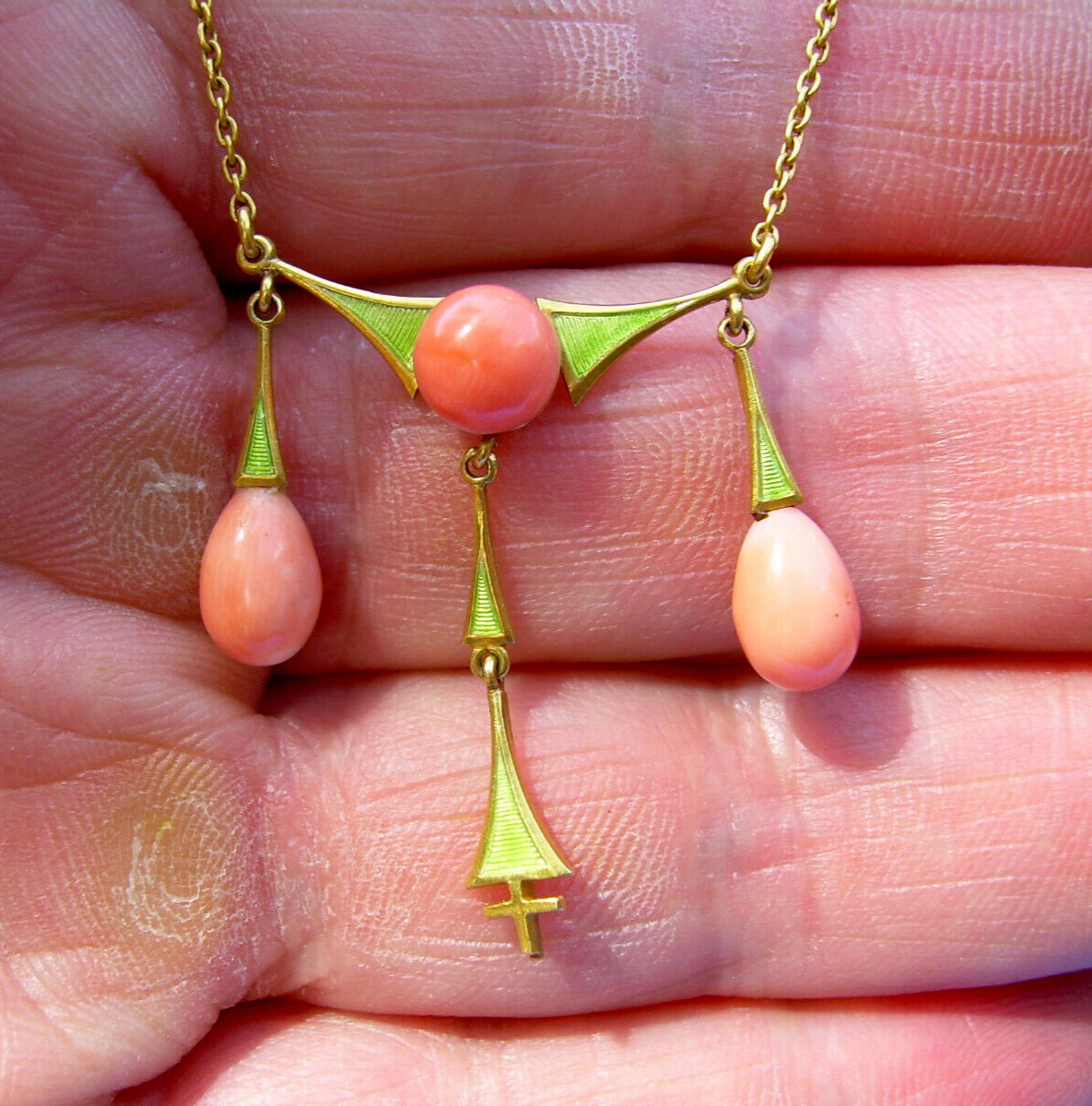 ORIGINAL Art Deco Coral Guilloche Enamel Necklace Solid 14K GOLD 18″ inch Chain