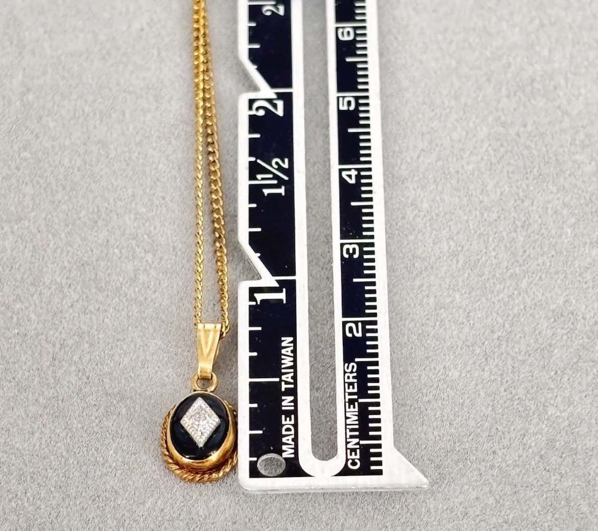 VTG Art Deco 14k Solid Gold Onyx Accent Diamond Pendant & 12k G. F. Necklace 18″