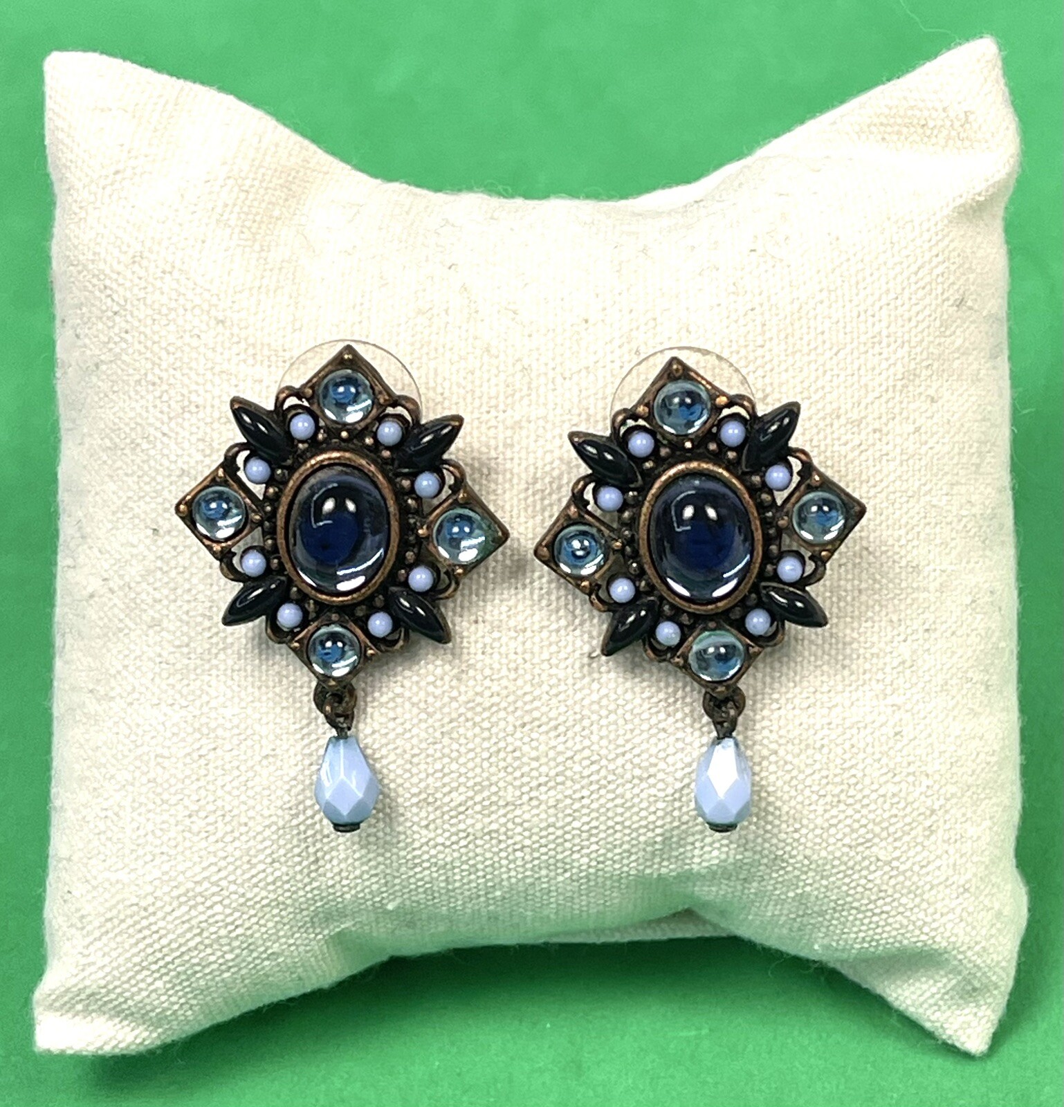VTG 2000 AVON SP 1.5″ Coppertone & Blue Stone Diamond-Shaped Pierced EARRINGS