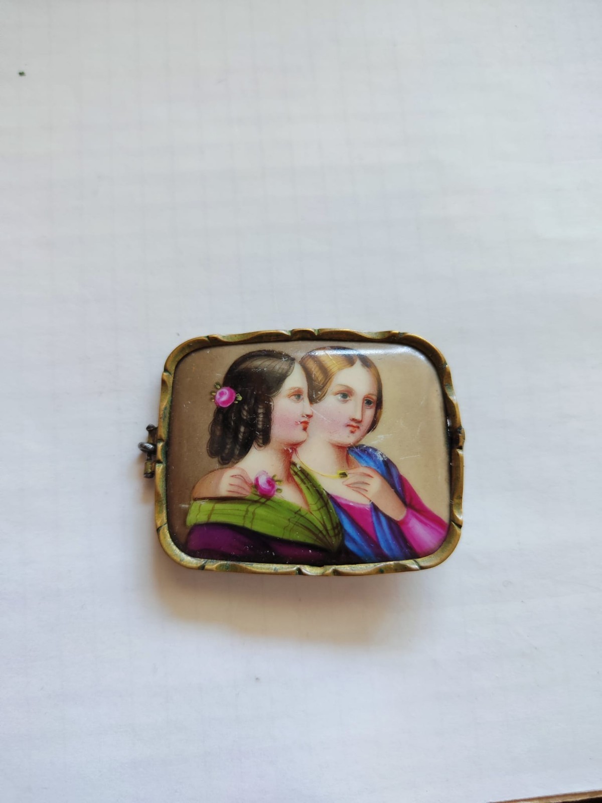 Vintage Portrait Rectangle Gold Tone Brooch, Art Theme