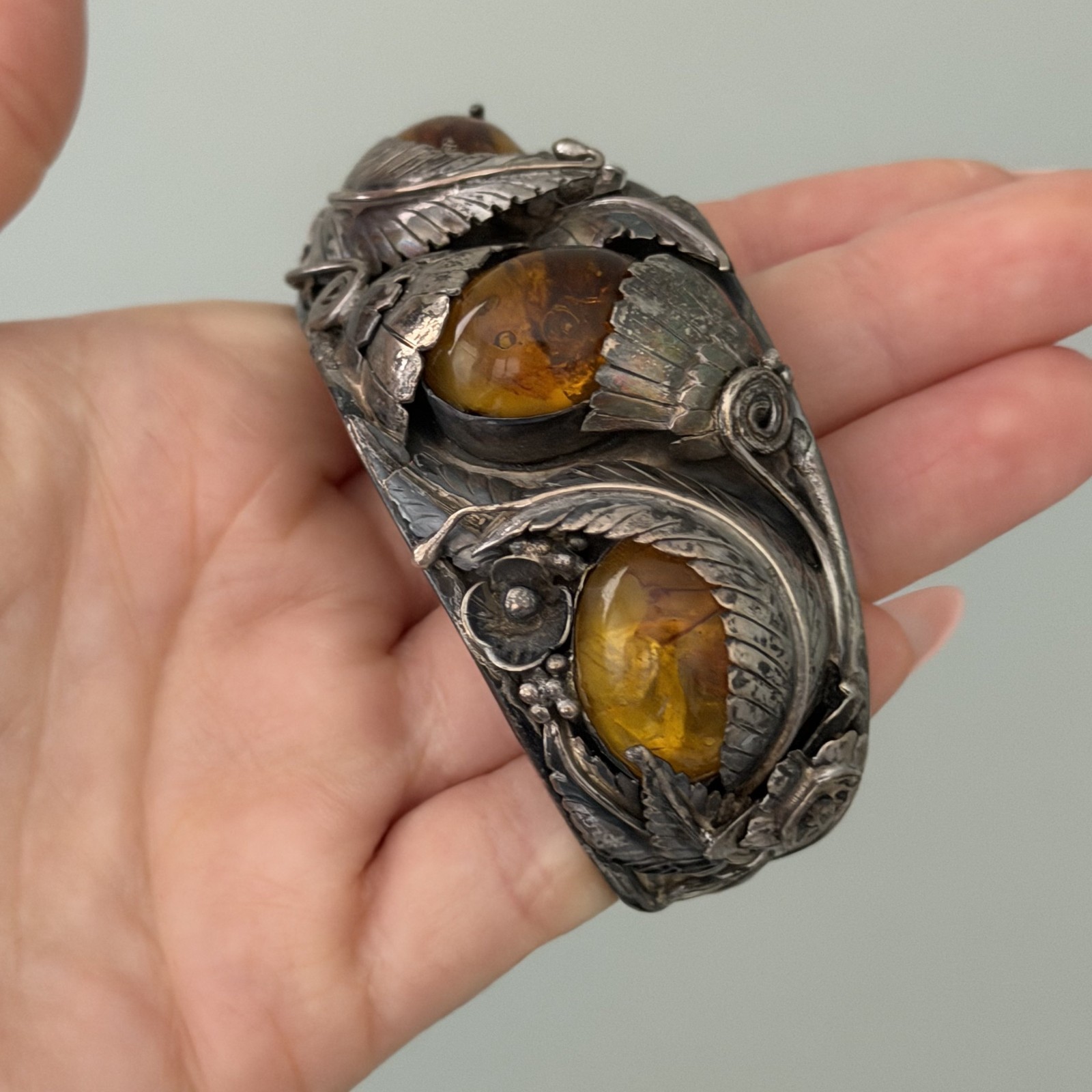 Vintage Sterling Silver Big Chunky Amber Leaf Southwest Cuff Bracelet Heavy