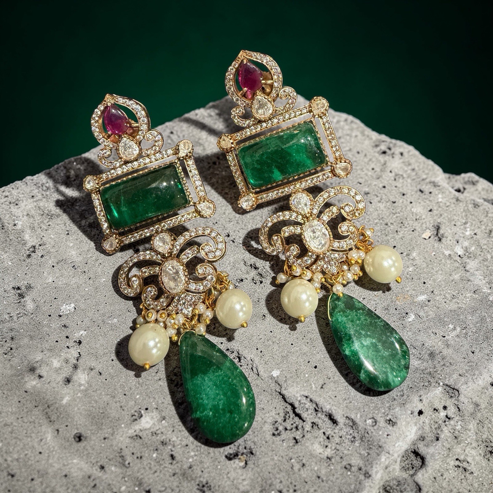 Vintage Emerald-Green/Crystal Rhinestone Pierced Earrings