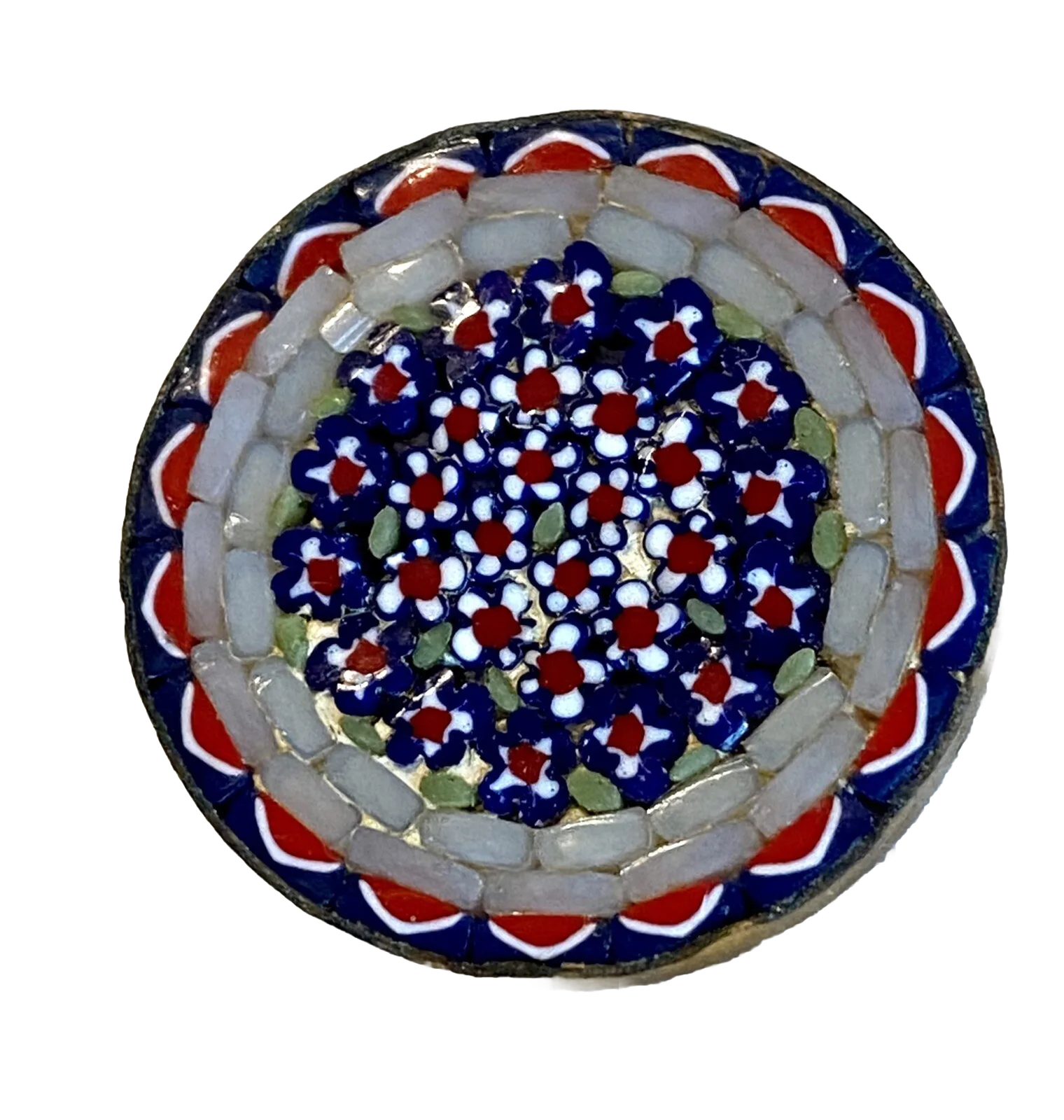 Vtg Micro Mosaic Tile Brooch Round Red White And Blue About 1” Diameter