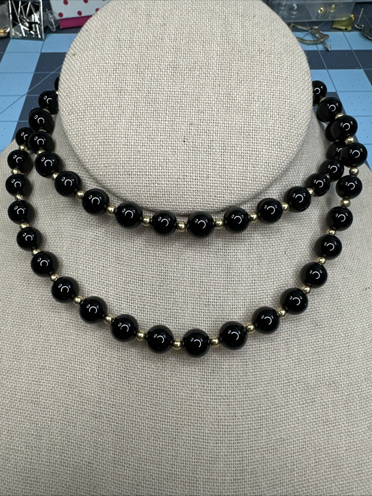 VINTAGE 1990’S 14K GOLD FILLED 8.4MM BLACK ONYX BEADS 26” NECKLACE Pullover J103