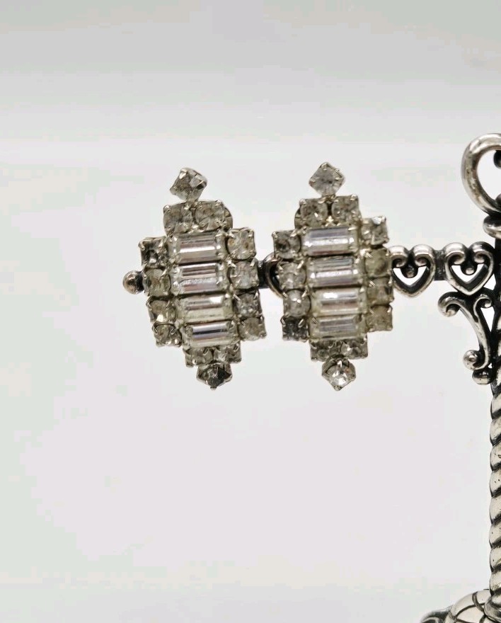 Victorian Crystal Earring Silver Tone Clip on Adorable Wedding Bridal 1.5 in #2