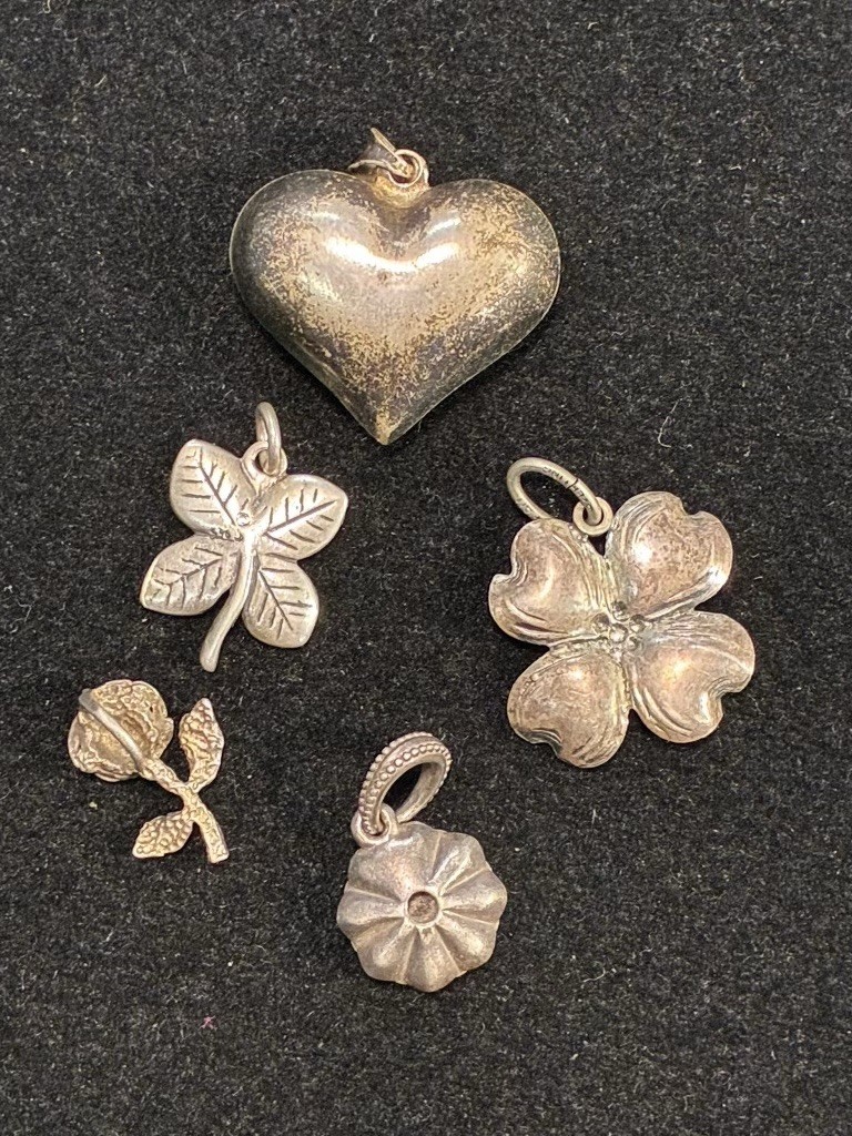 Vintage Sterling Silver Charm Lot – Hearts Flowers Clover Rose – 5 Charms