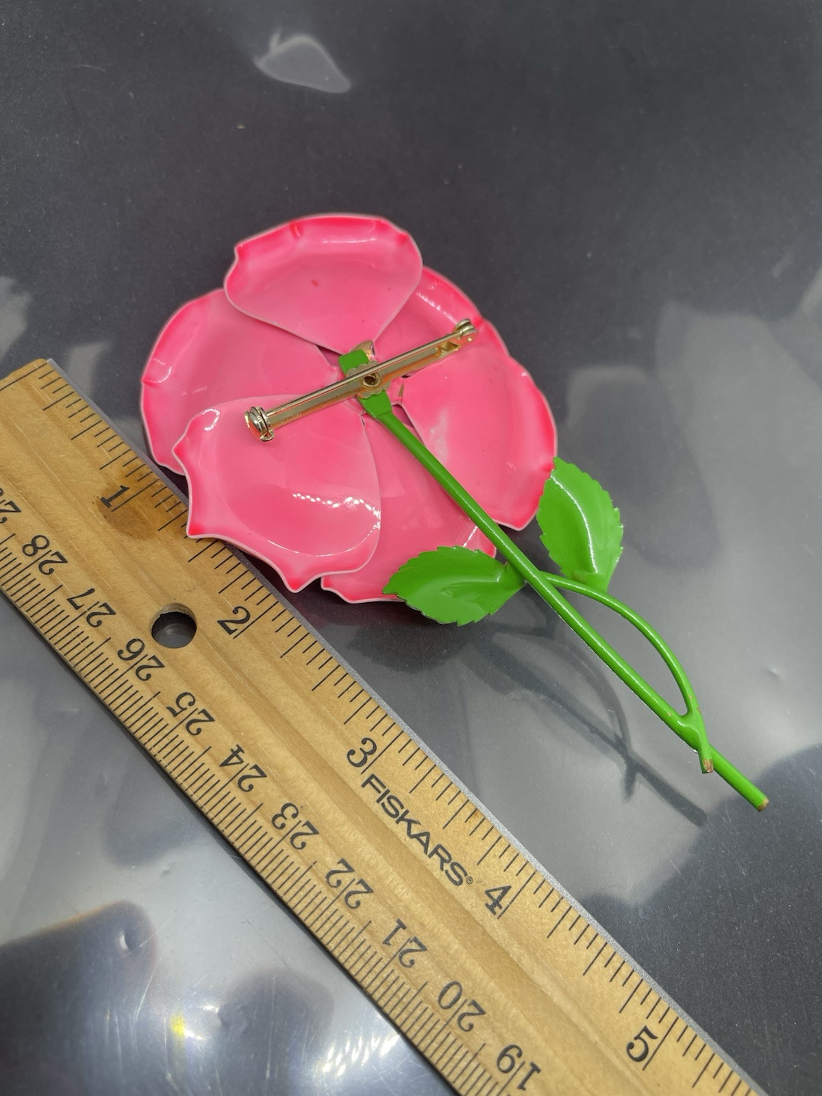 Vintage 1960’s MCM Pink And Green Enamel Layered Flower W/Stem 4.75” Brooch Pin