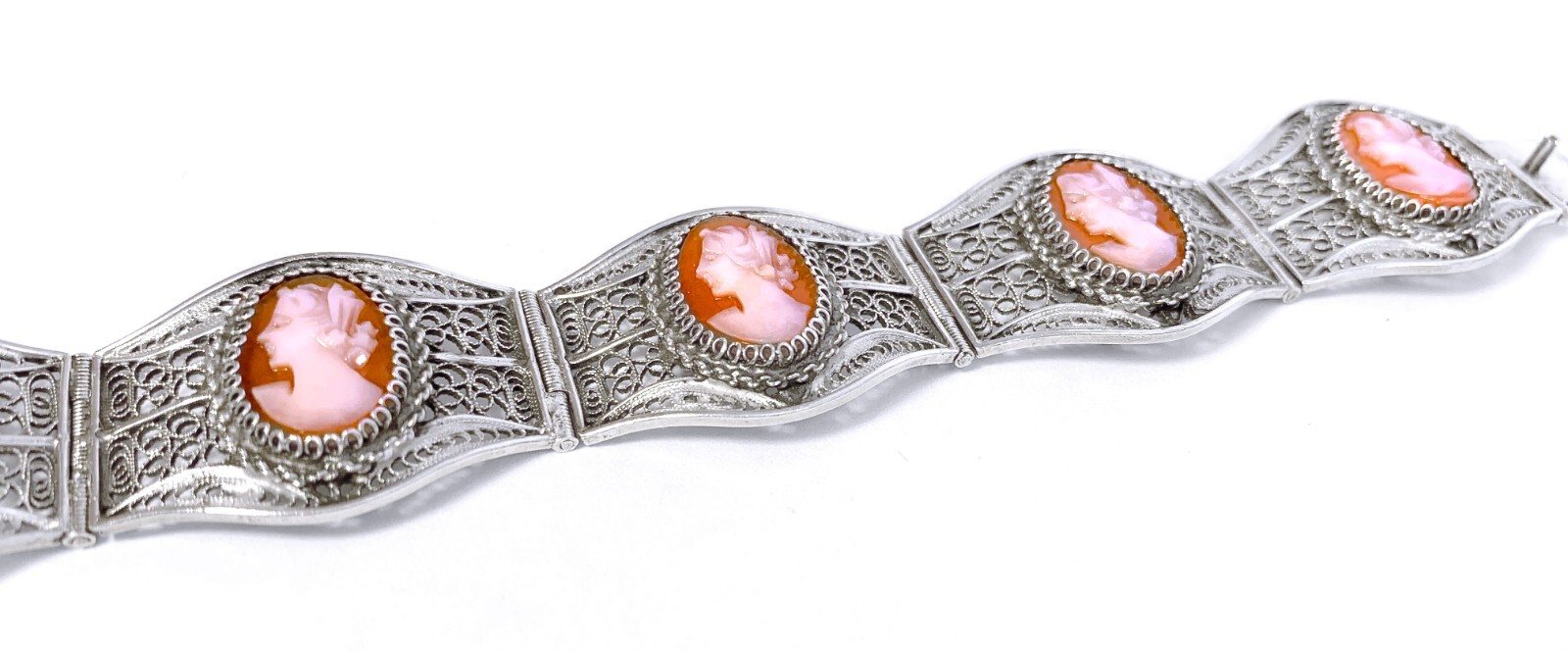 Vintage 6 Cameo Cannetille Bracelet & Cameo Earrings from Italy 800 925 Silver