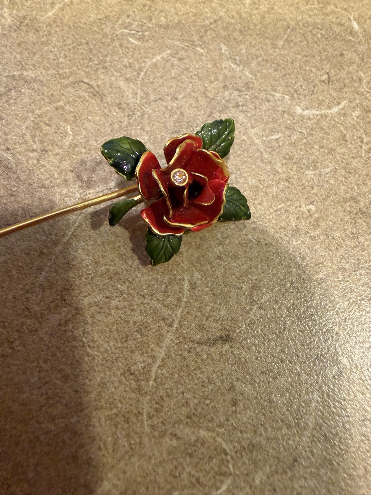 Vintage 1978 Franklin Mint The Lovers Rose Diamond Enamel Gold Vermeil Stick Pin