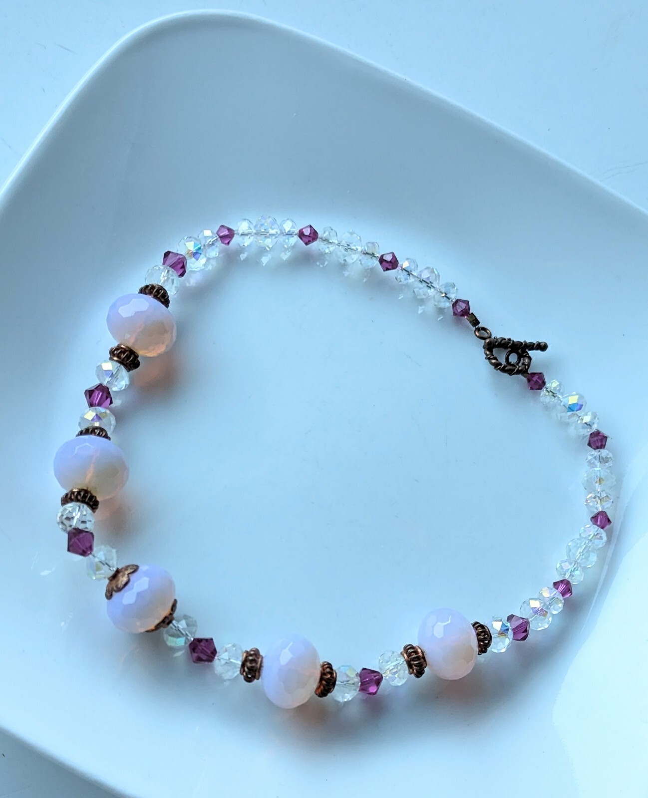 Stunning Artisan AURORA BOREALIS Glowing Milky PINK Bead 18″ NECKLACE