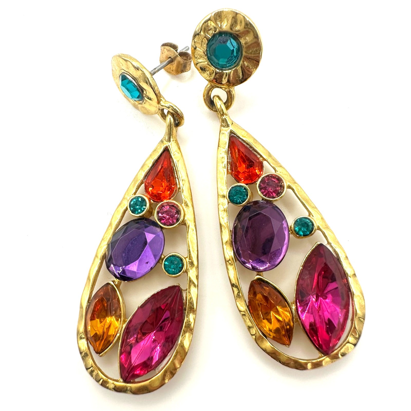 Vintage 1990s gold tone multicolor rhinestones dangle drop post earrings