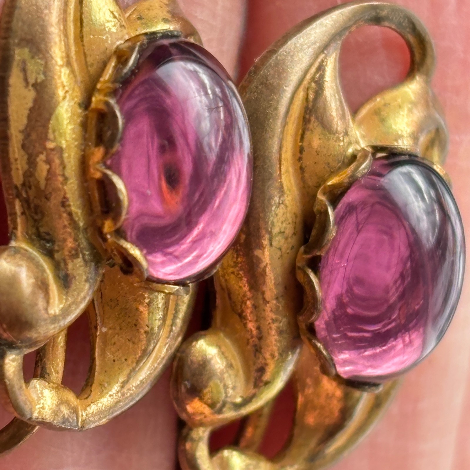 Vintage Miriam Haskell Earrings Signed Purple Pink Gripoix Glass Cabochon