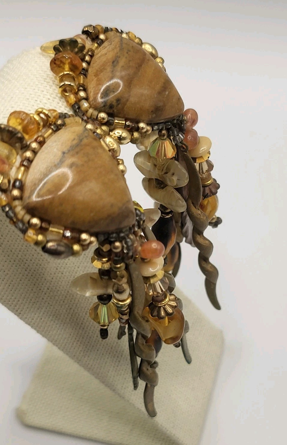 Vintage 80s Signed CHIPITA Joan Eagle Boho Dangle Earrings Jasper Beaded Fringe