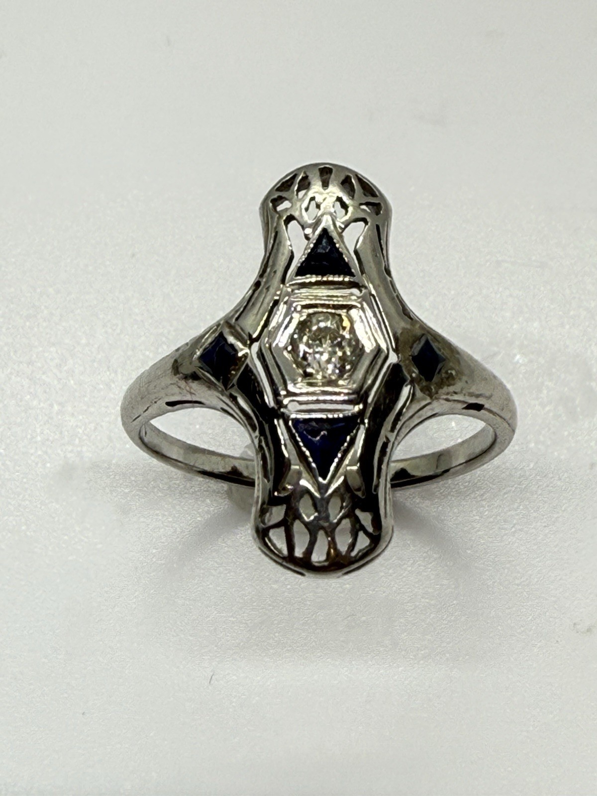 Art Deco Antique 18K White Gold Handmade Filigree Lozenge Diamond Ring 1920s 6.5