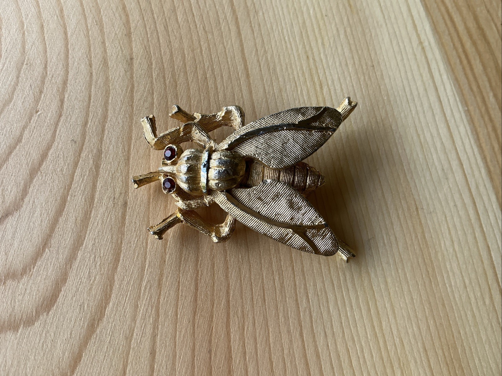 Vintage Fly Brooch Pin with Red Rhinestone Eyes Textured Gold Tone Medium Chunky