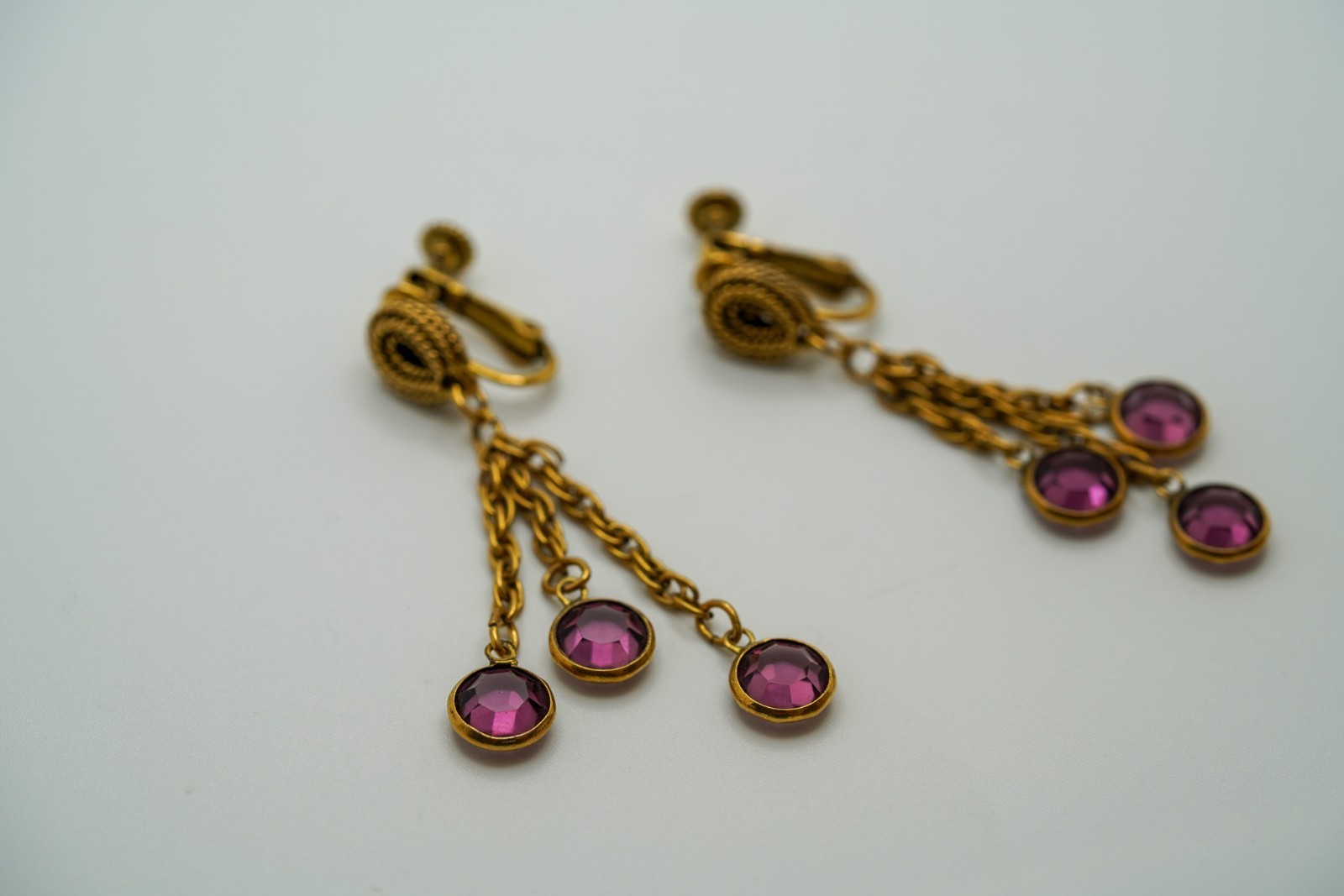 Antique Gold Purple Crystal Dangle Earrings 5.7cm JB1