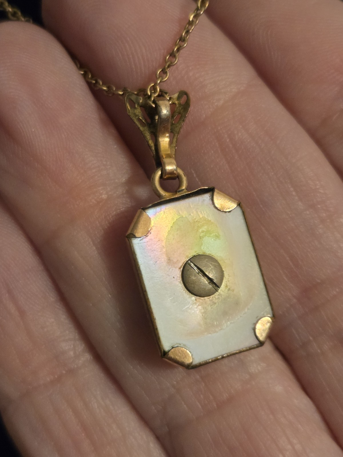 Antique 1929 Fraternity Sorority Pendant MOP Necklace GF 16″ Delicate Chain