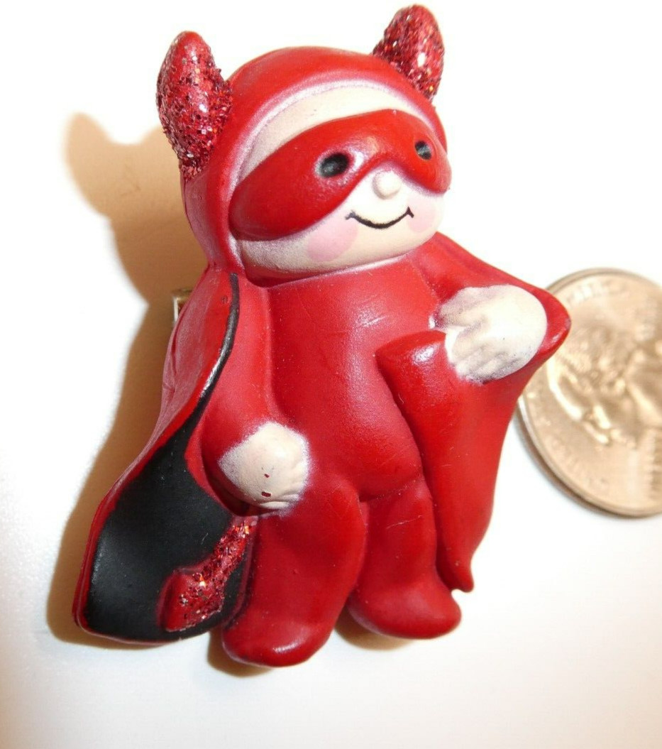 VTG Fun World Halloween Red Devil Cape Horns Glitter Pin Brooch