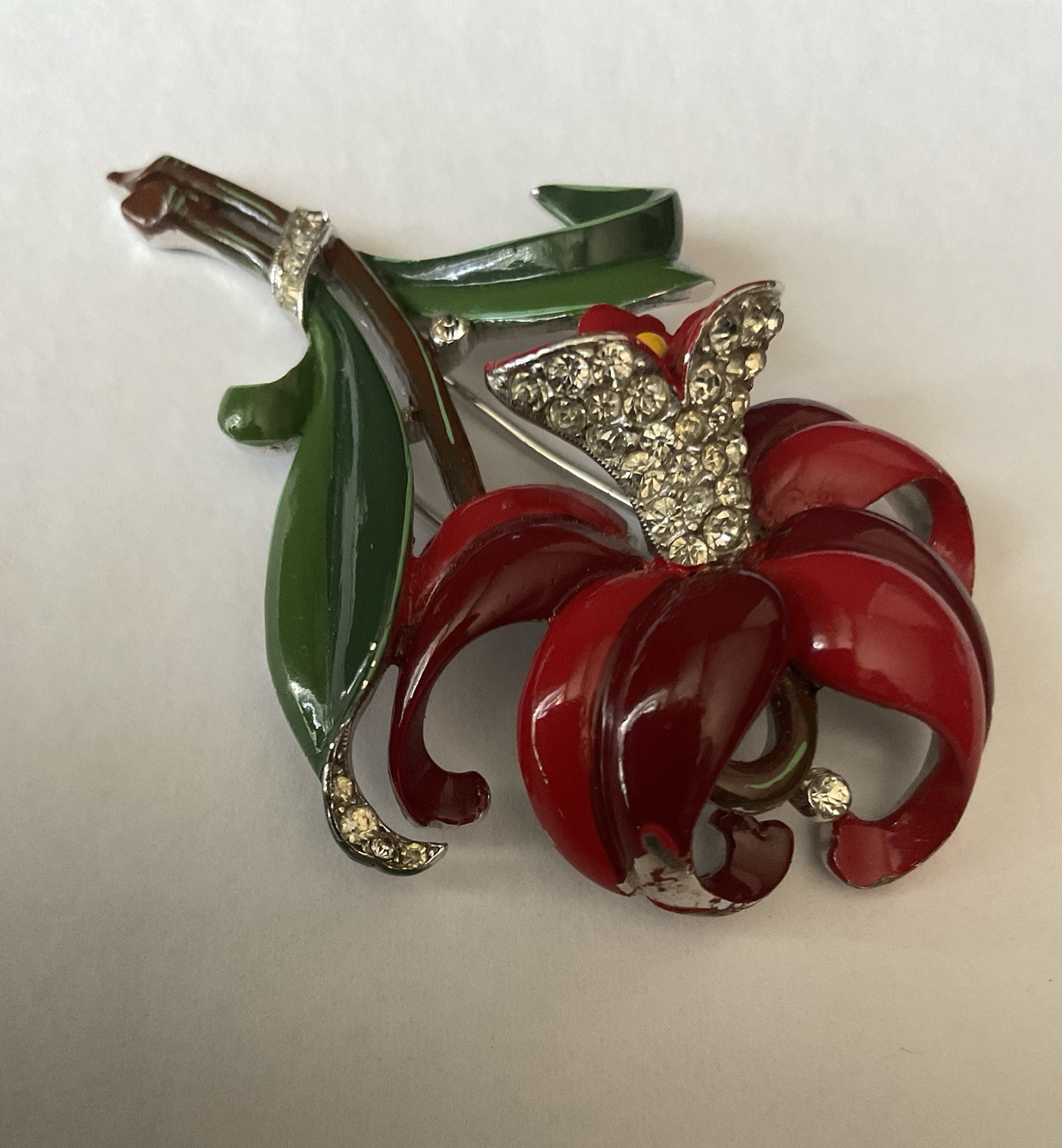 Trifari ‘Alfred Philippe’ Pave and Enamel Red Daffodil Flower Pin Fur Clip