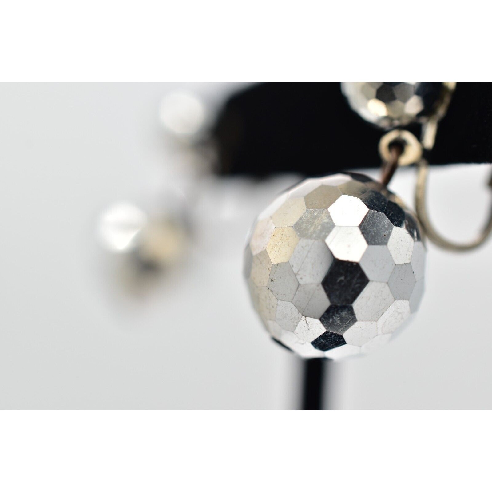 Vintage Crystal Clip On Earrings Silver Dangle Disco Ball Drop Glam 1950s A24
