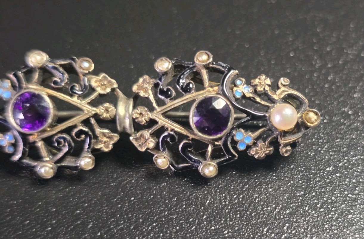 Antique Art Deco Silver Czech Glass & Seed Pearl Enamel Brooch
