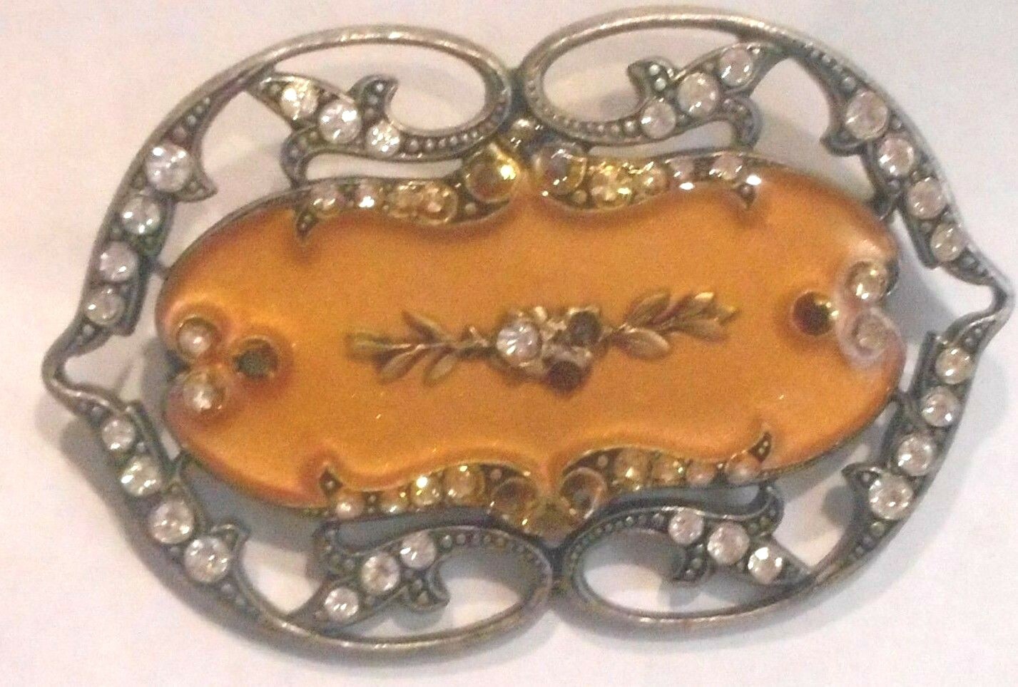 Vtg. Victorian Revival Butterscotch Enamel & Crystals Pewter Tone Metal, Brooch