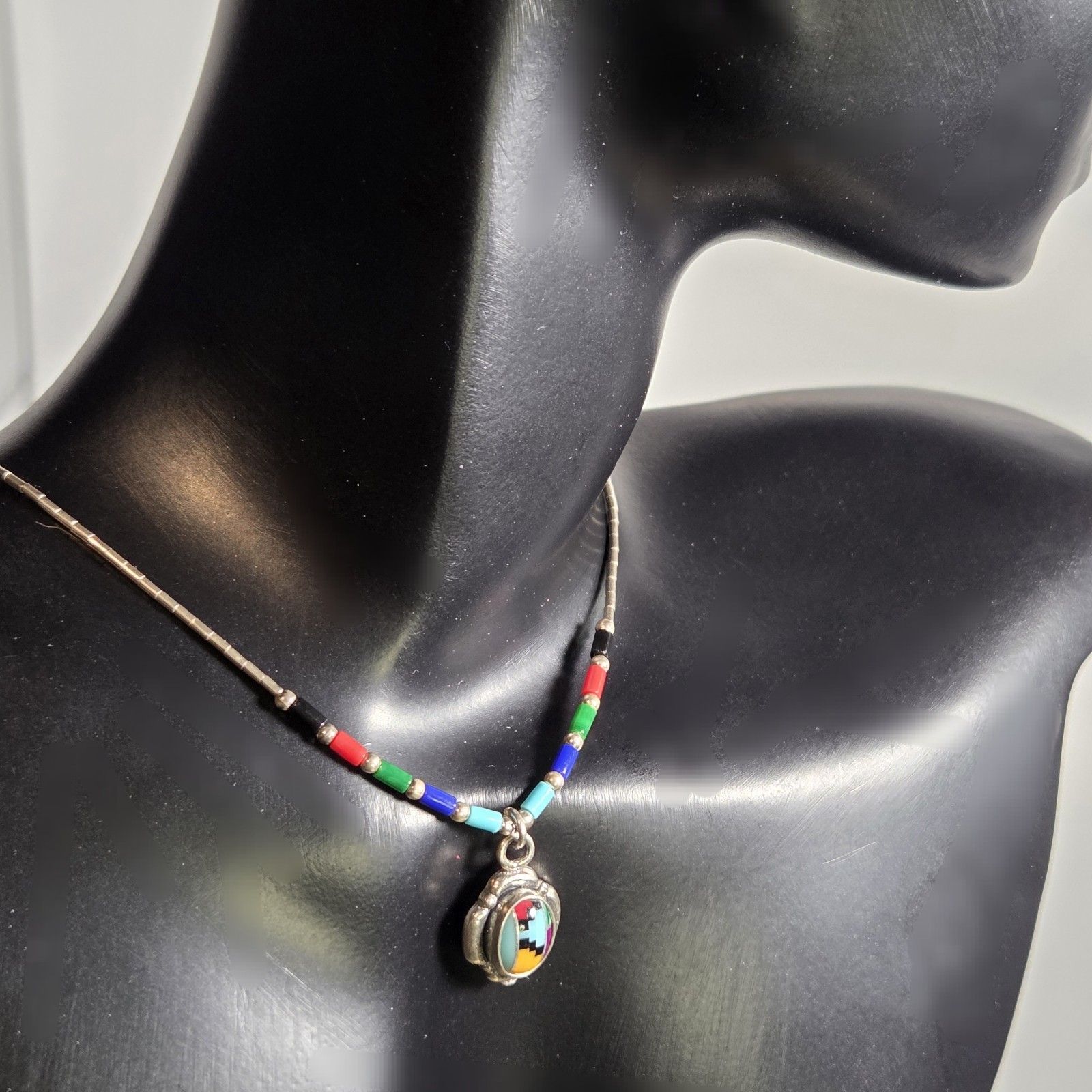 Navajo Handcrafted Oval Pendant 925 Sterling Silver Multicolor Inlay 16″ Chain