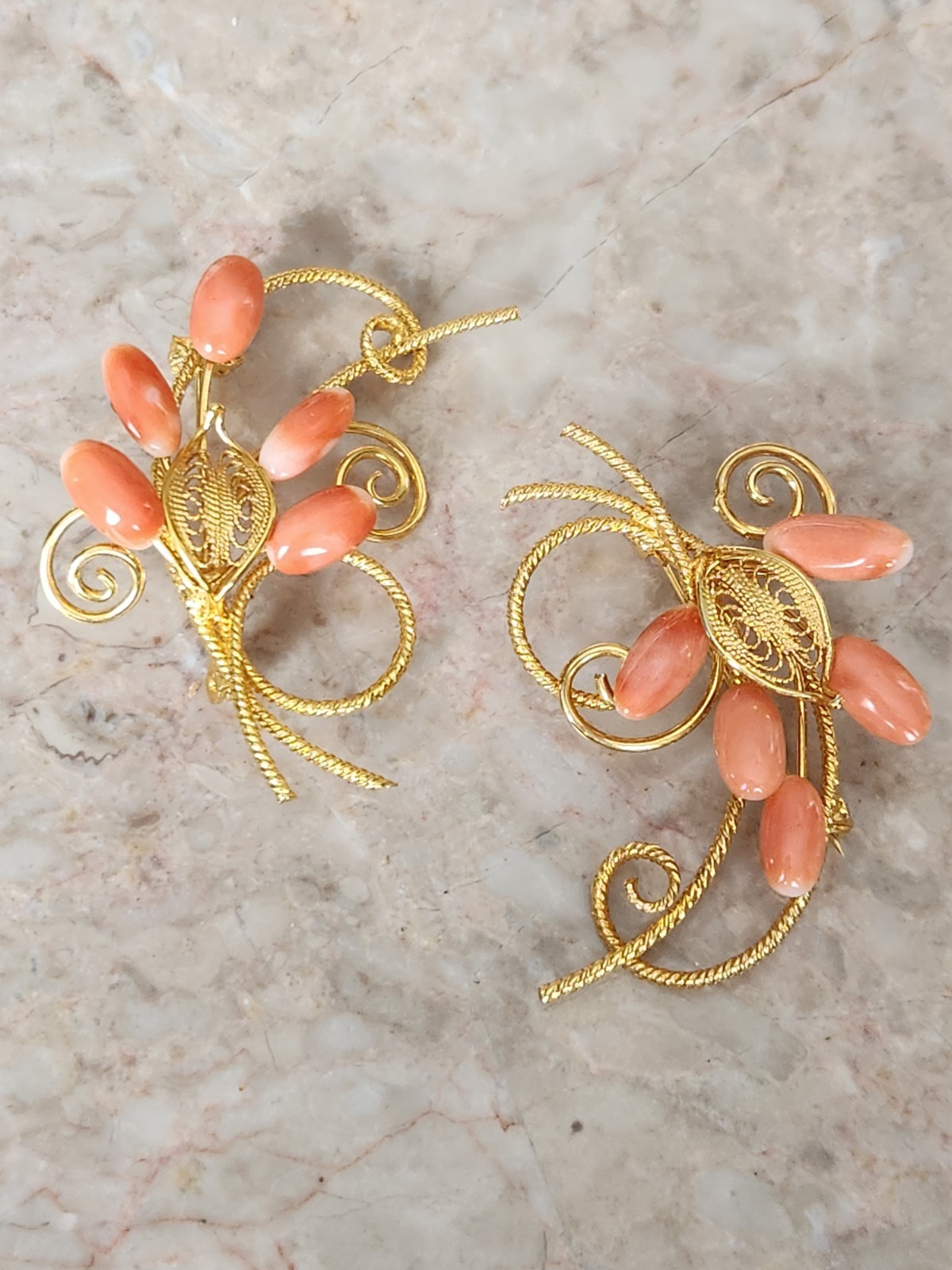 Vintage Angel Skin Coral Oblong Stones Goldtone Cannetille Flower Spray Brooches