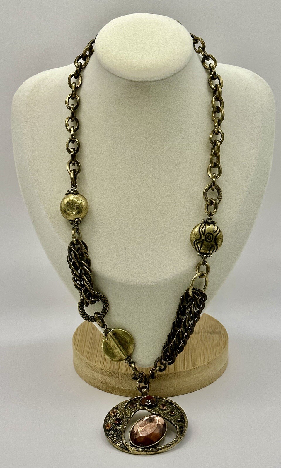 CG Antique Gold Tone Necklace With Brown Acrylic Beaded Pendant 20 Inches.