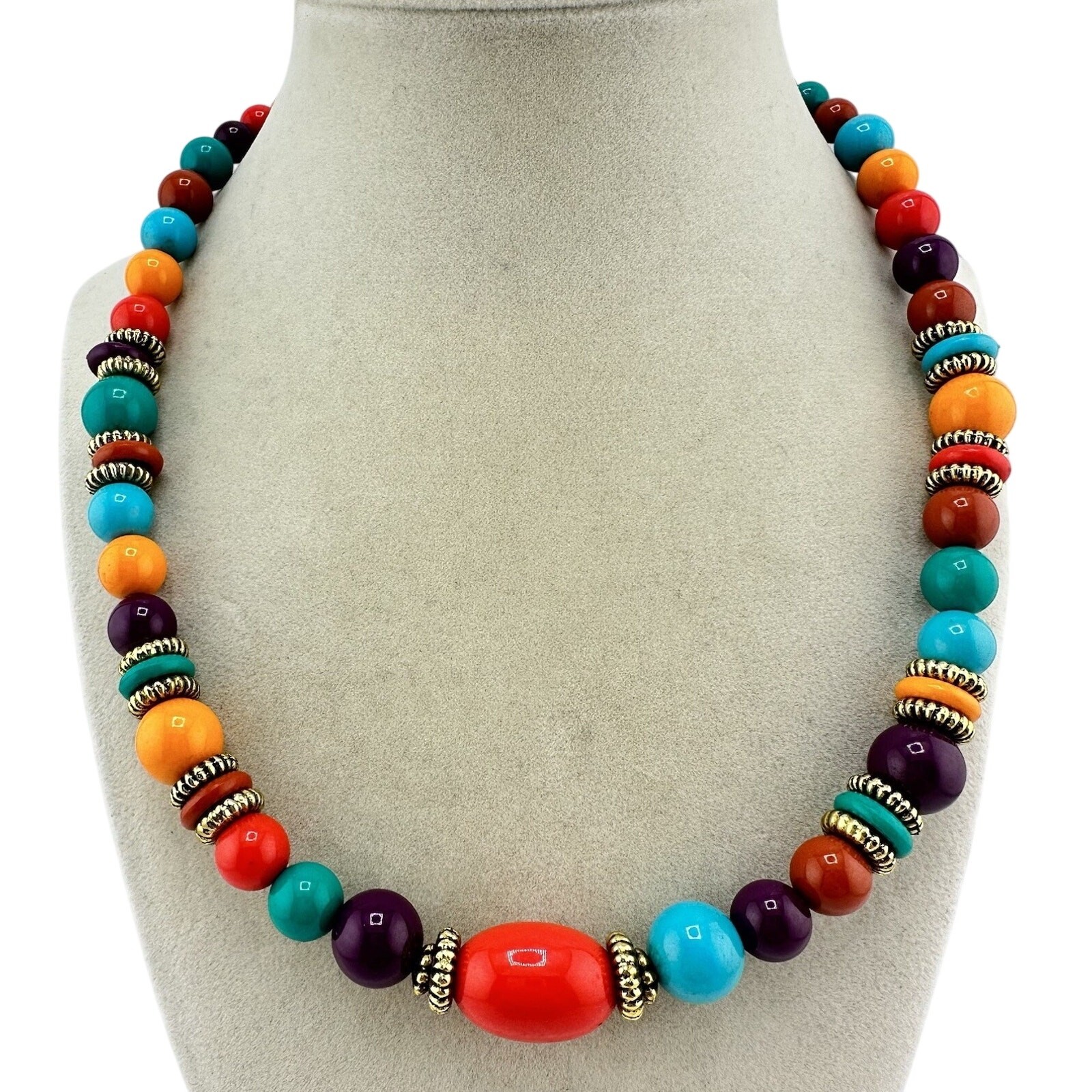 Vintage 1990s Rainbow Vivid Multicolor Acrylic Bead Gold Tone 19” Necklace
