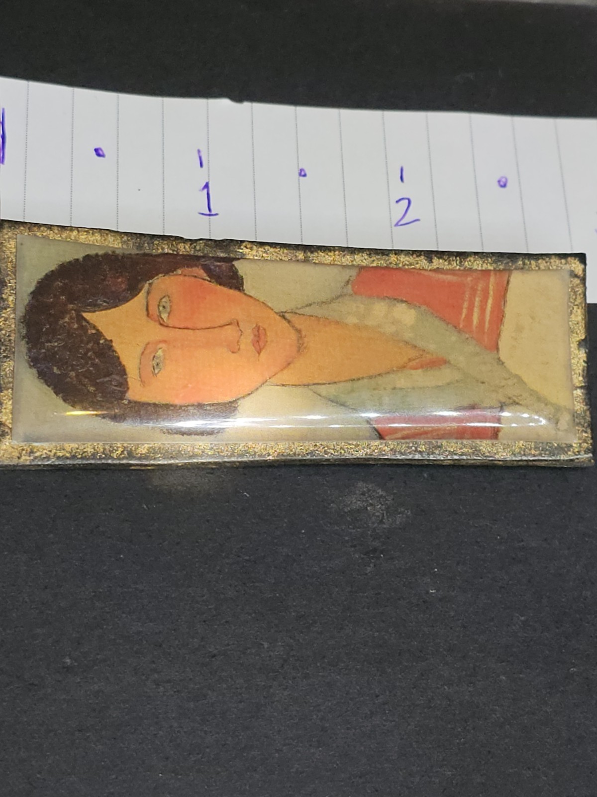 Vintage Woman Portrait Folk Art Brooch Pin Signed CR Wood Backing Rectangle