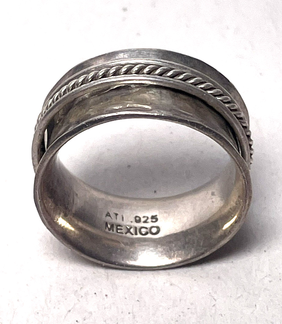 Vintage ATI Mexico 925 Sterling Silver Hammered Wide Band Ring Size 7 Rope Edge