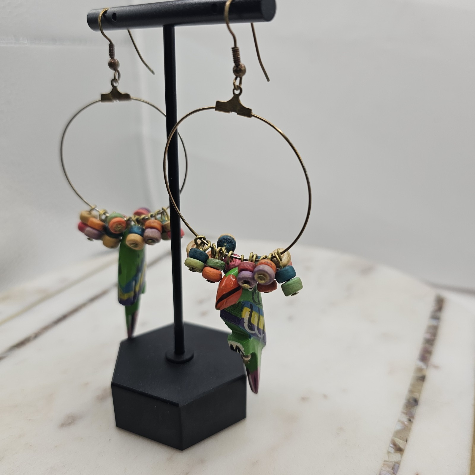 Vintage Parrot Hoop Dangle Earrings Colorful Wooden Beaded Boho Kitsch Whimsical