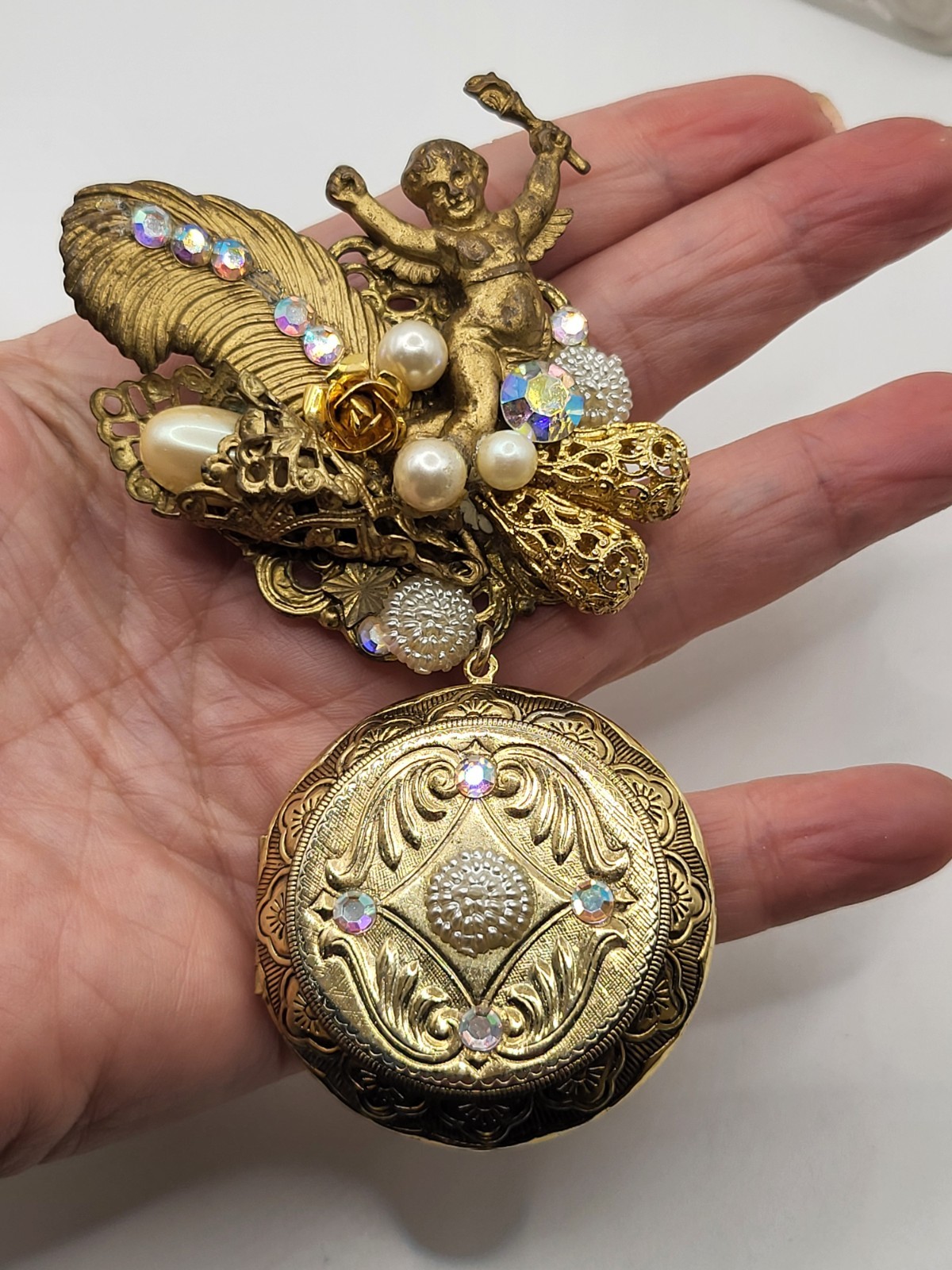 Victorian Revival Gold Tone Ornate Angel Brooch Locket AB Crystals Faux Pearls