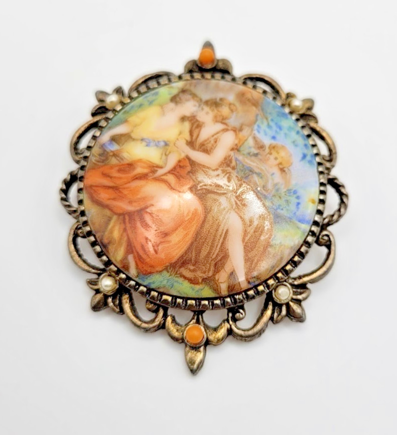 Vintage Rococo Two‑Women Portrait Brooch/Pendant Sapphic Romantic Miniature Art