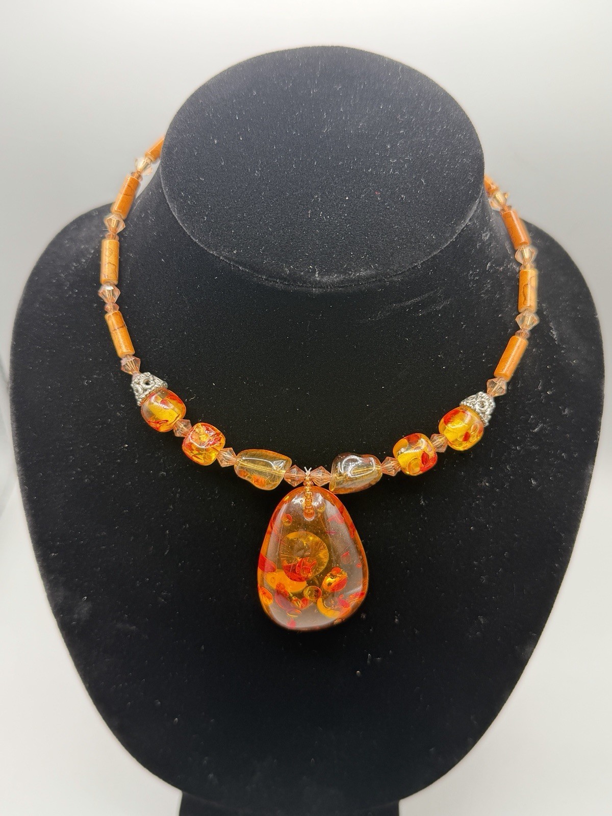 Vintage Amber Style Resin Pendant Necklace Beaded Statement Jewelry #999